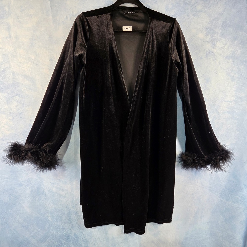 OEUVRE Black Velvet Open Front Cardigan Robe with Faux Fur Trim Cuffs Womens Sm
